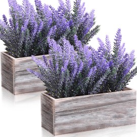 Giegxin 2 Pack Fake Lavender Flower Plant in Rustic Rectangular Wood Planter Box Artificial Potted Lavender Plant for Home Decor Wedding Indoor Faux Potted Herb Plant Greenery Arrangement Gifts