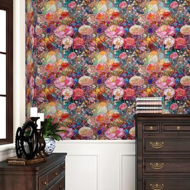 REDAMANCY Colorful Flowers Pink/Yellow/Red Glass Satined Peel and Stick Wallpaper Stick on Contact Paper Vintage Wall Paper Easy Peel Off for nightstand Drawer Cabinet Renter