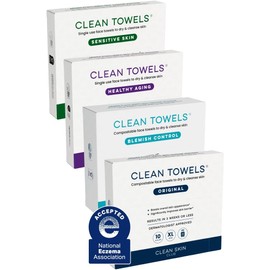 CLEAN SKIN CLUB Clean Skin Club Clean Towels® XL Variety - Juego de viaje de 4 toallas faciales desechables (4 unidades, Original, Sensible, Control de imperfecciones y Envejecimiento saludable) (40 u