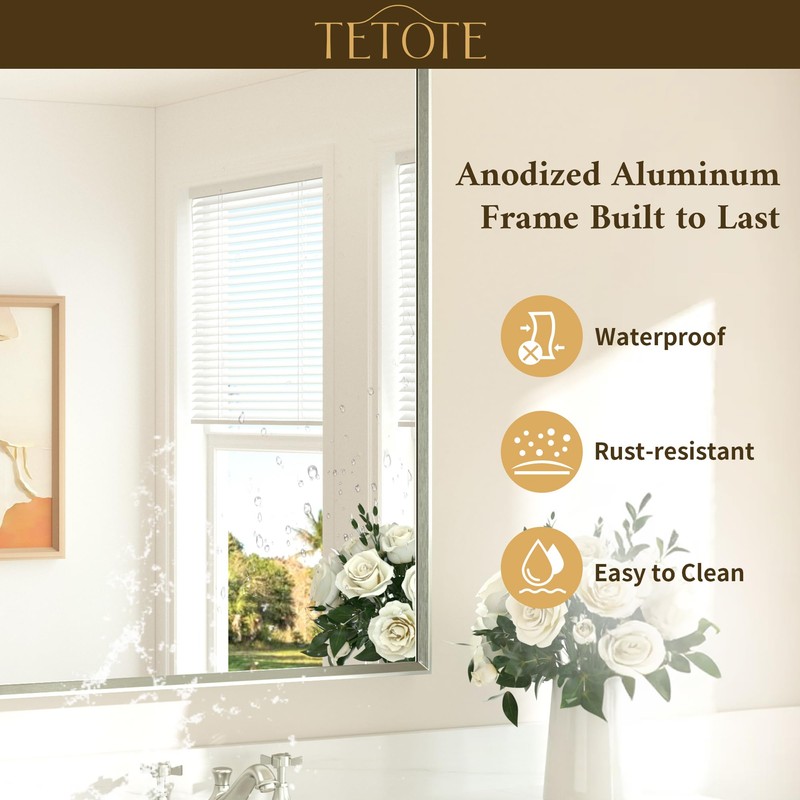 TETOTE Brushed Nickel Bathroom Mirror 24" x 30" Rectangle Beveled