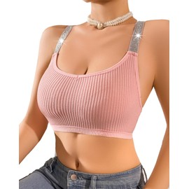 brasier deportivo acanalado para mujer, con tirantes brillantes, playera sin mangas Y2K con espalda cruzada para yoga, Rosado, XS