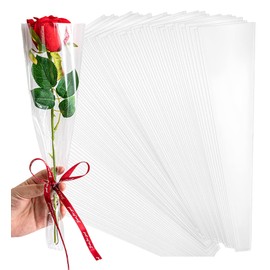 Luxy Float 100 Pack Single Rose Sleeves, Clear Cellophane Bags, Waterproof Single Flower Packaging Bags for Wedding, Birthday, Christmas, Florist Supplies