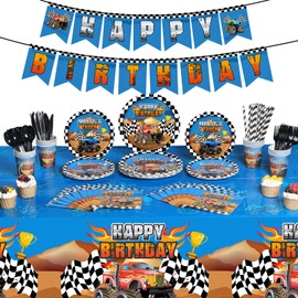 195 Pieces Monster Trucks Birthday Party Supplies,Includes Happy Birthday Banner,Tablecloth,Plates,Paper Cups,Napkins,Knives,Forks Tableware Set Serves 24 for Monster Truck Themed Party Decorations