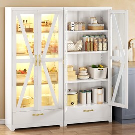 YITAHOME Kitchen Pantry Cabinet with Lights, 61" Metal Storage Cabinets with Adjustable Shelves, Farmhouse Organizer with Barn Doors, Freestanding Cupboard with Drawer for Dining Living Room, Whtie