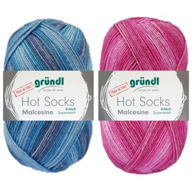 2 x 100 g Gründl Hot Socks Malcesine (Sock Wool Made from 75% Virgin Wool, 25% Polyamide (Superwash) (Ocean + Fuchsia)