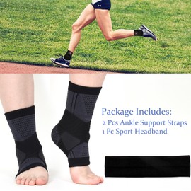 VEGCOO Pack of 2 Ankle Braces, Adjustable Foot Bandage, Flexible Ankle Brace, Ankle Bandage + 1 Sports Hair Bandage, Ankle Bandage for Plantar Fasciitis
