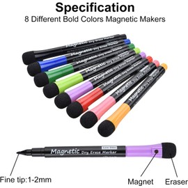 Willingood Whiteboard Marker, 16 Stück Magnetisch Whiteboard Stifte mit Schwamm, Geruchsarmer Trocken Abwischbar Folienstift mit Radiergummi für Zuhause Schule Büro, 8 Farben Rundspitze 1-2mm