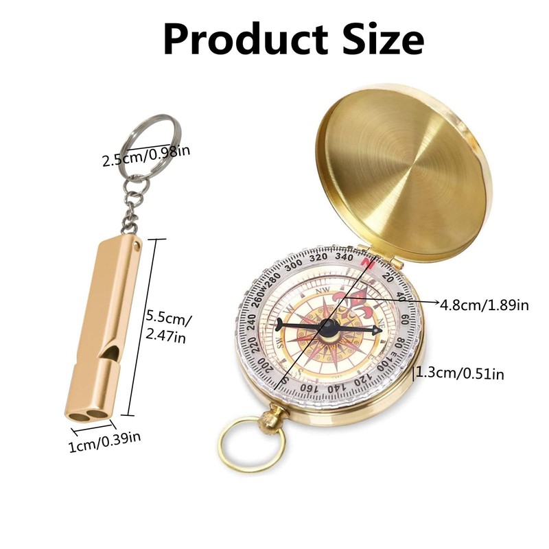 TIEGUANJIA 2Pcs Vintage Pocket Compass with Distress Whistle Waterproof Military