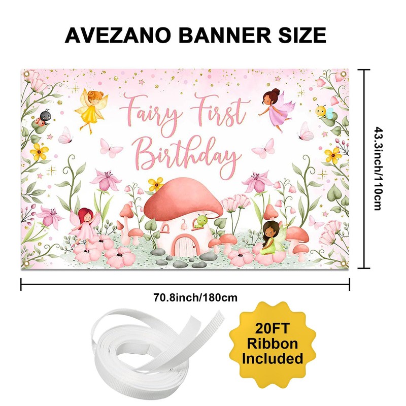Avezano Fairy First Birthday Banner for Girls Fairy First Birthday