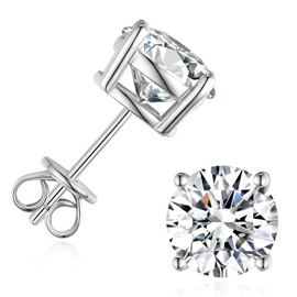 1-6CT Moissanite Stud Earrings for Women, C4P Setting D Color Ideal Cut Lab Created Diamond Earrings with Certificate of Authenticity (1CT, White Gold Plated)
