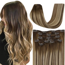 Hetto Blonde Hair Extensions Clip in Human Hair Balayage Dark Brown to Caramel Blonde Clip in Extensions Remy Hair 20 Inch Full Head Clip in Hair Extensions Real Hair