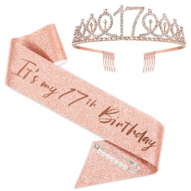 BRT Bearingshui Rose Gold Birthday Sash and Tiara for Girls - 17 & Fabulous Crown, Gifts for Happy 17th Birthday Party Favor Supplies