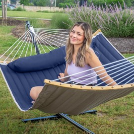 Mansion Home 2 Person Hammock with Stand Included, Outdoor Hammock with Curved Spreader Bar, Pillow and Carrying Bag, 450 Lbs Capacity, Navy Blue