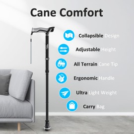 HEALTHBAZAAR Walking Cane for Men & Women, Foldable Cane with Shock Absorption - Adjustable, Lightweight Collapsible Walking Stick for Seniors & Adults, Comfort Grip Handle, Heavy Duty All Terrain Tip