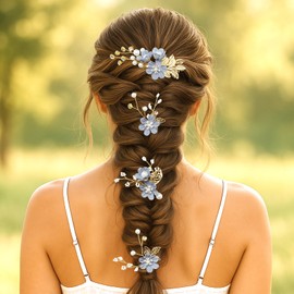 PRETTYLIFE Wedding Flower Hair Pieces Set 4pcs Bridal Light Blue Floral Crystal Pearl Gold Leaf Vine Hair Combs Pins Accessories for Women
