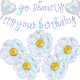 Iridescent Foil Flower Balloons, Holographic Heart Balloons with Iridescent Go Shawty It's Your Birthday Banner for Birthday Baby Shower Bride Shower Wedding Mother's Day Party Decorations Supplie
