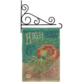 Breeze Decor GS107062-DB-03 Octopus Good Vibes Burlap Coastal Nautical Impressions Decorative Vertical 13" x 18.5" Double Sided Garden Flag Set Metal Fansy Wall Bracket Hardware