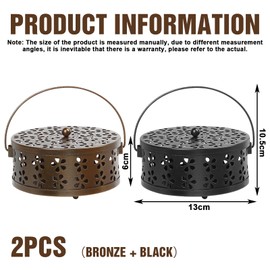 LEKEFETO Mosquito Coil Holder Diameter 13.5 cm, Pack of 2 Metal Incense Stick Holders with Handle Lid, Mosquito Spiral Container, Mosquito Spiral Holder, for Home, Bedroom, Office - Black + Bronze