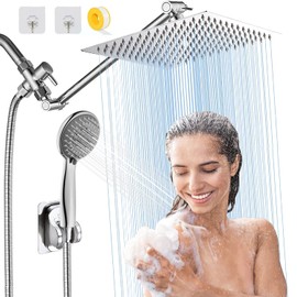 10'' Rain High Pressure Shower Head with 5 Settings Handheld Showerhead Combo, Dual Shower Head with 11'' Extension Arm and 78'' Long Hose, Chrome Square Shower Head, Save Water BELLEARLY