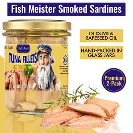 Fish Meister Tuna Fish in Premium Olive Oil - Tunas in Jar Rich with Omega-3 & Packed in Glass Jar for Freshness - Yellowfin Tuna Ready to Eat for Healthy Meals & Snacking Anytime - 2 Pack