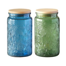 ANSQU Set of 2 Vintage Glass Jars, 34oz Candy Jars with Lids, Vintage Colored Mason Jars for Kitchen Decorative Jars for Coffee Tea Candy Cookies, Cute Jars (Blue & Green)