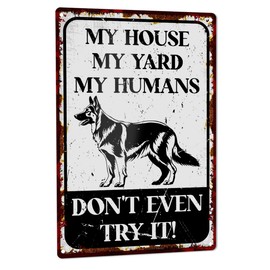 Beware of Dog Signs for Fence, Private Property No Trespassing Warnings for Yard Outdoor Vintage Metal Tin Sign Dog Owner Lover Gift 8" x 12", My House Yard Humans