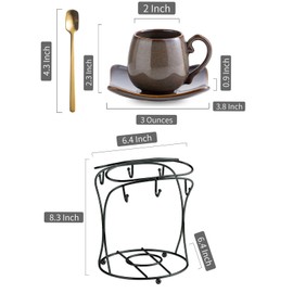 LYEOBOH 3oz Coffee Espresso Cups with Saucers Set of 6, Ceramic Small Coffee Cups with Holder and Spoons, Cute Demitasse Cups for Espresso, Latte, Mocha, Housewarming Gift - Farmhouse, Brown