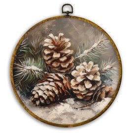 CUANFDDSF Vintage Christmas Winter Pinecones Round Wall Art Decor, Rustic Nature Pine Cone Wall Hanging Frame Decor, Farmhouse Christmas Winter Canvas Prints Decorations for Home Bedroom, 10x10 Inch