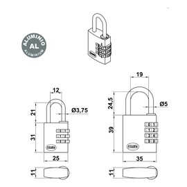 Amig Aluminium Combination Lock, Model 75, Black, 25 mm, for Gym Lockers, Travel Suitcase, Backpacks, Luggage