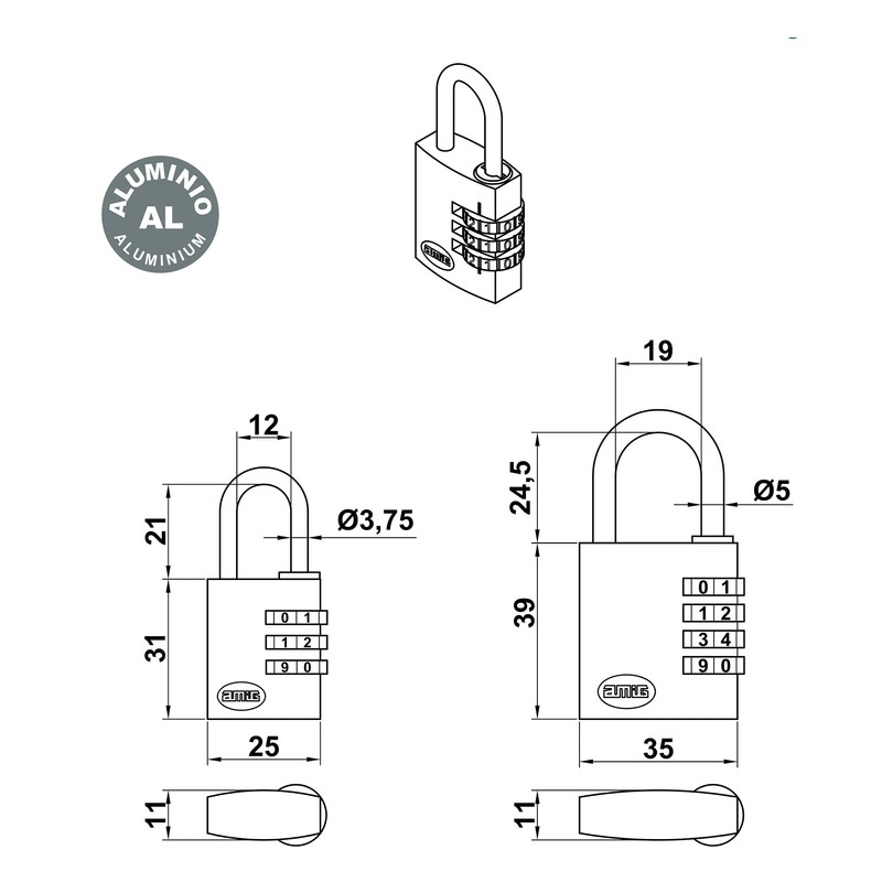 Amig Aluminium Combination Lock, Model 75, Black, 25 mm, for