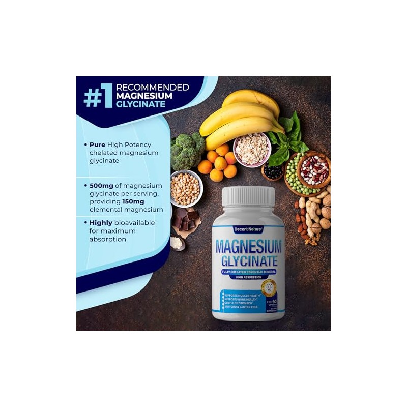 DECENT NATURE- “Glicinato de Magnesio 525mg Suplemento Elemental de Magnesio