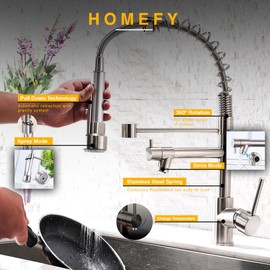 Homefy Brushed Nickel Kitchen Faucet with Sprayer - 2-Function Single Handle Pull Down Kitchen Faucet - Stainless Steel Spring Neck Faucet for Farmhouse, Bar, Hotel, Laundry, RV, Camper and More