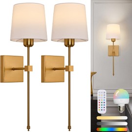 Battery Operated Wall Sconce Set of 2, Gold Wireless Rechargeable Wall Lights with RGB Rechargeable Dimmable Bulbs, 15 Colors Dimmable Wall Lamp with Remote for Bedroom Living Room, Bulbs Included