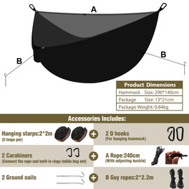 NATUREFUN Travel Bug Net Camping Hammock | 300kg Load Capacity,(290 x 140 cm) Breathable,Quick-drying Parachute Nylon | 4 x Premium Carabiners,3 x Nylon Slings,2 guyline ropes,2 ground nails Included