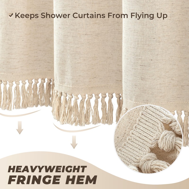 Linen Shower Curtain Boho Beige Shower Curtain with Tassels 72"W