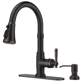 FORIOUS Vintage Kitchen Faucet with Soap Dispenser and Pull Down Sprayer, High Arc Single Handle Stainless Steel Classic Sink Faucet for Farmhouse Camper Rv Bar, Fit for 1 or 3 Hole, Oil Rubbed Bronze