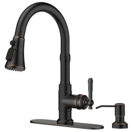 FORIOUS Vintage Kitchen Faucet with Soap Dispenser and Pull Down Sprayer, High Arc Single Handle Stainless Steel Classic Sink Faucet for Farmhouse Camper Rv Bar, Fit for 1 or 3 Hole, Oil Rubbed Bronze