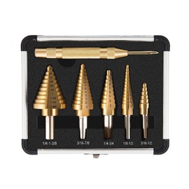 Wexecon 6pcs Step Drill Bit Set, 5 Titanium Coated Hss Step Bit & Automatic Center Punch Unibit, 50 Sizes Step Drill for Multiple Hole Drill with Aluminum Case for DIY Lovers and Home Use