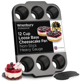 Wrenbury Pro Mini Cheesecake Pans Removable Bottom 12 Hole - Heavy Gauge Carbon Steel Non Stick Pan Loose Bottom Springform - 3 Inch Small Individual Cheesecakes Tin - PFOA Free