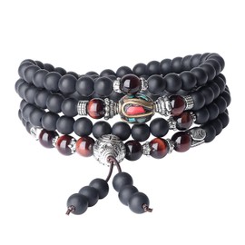 COAI Unisex 108 Gemstone Mala Necklace with Nepalese Beads Tibetan Wrap Bracelet, Gemstone, Onyx