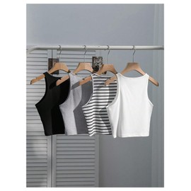SOLY HUX Women's Basic Tank Tops Set Sleeveless Crew Neck Tight Fitted Crop Vest Shirts 4 Piece Black Grey Multi Small