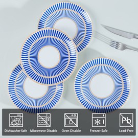 fanquare 8" Modern Dessert Plates, Blue Stripe Salad Plates Set of 4, Small Porcelain Dinner Plates, Bone China Lunch Plates for Pasta, Appetizer