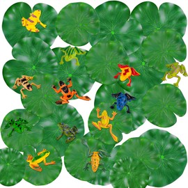 WhistenFla 32 Packs Mini Plastic Frog Decor and Artificial Lily Pads,Include 12 Colorful Plastic Frogs and 20 Floating Lily Pads for Ponds， Artificial Pond Plants for Garden Pool Decor Party Favor