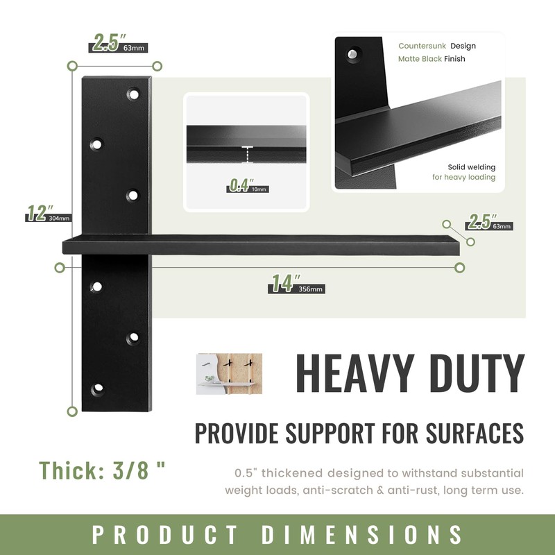 Floating Shelf Brackets Heavy Duty 3/8" Thick 4 Pack 14"
