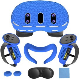6 in 1 Cover Set for Meta Quest 3: Included Upgrade Redesigned Battery Opening Controller Grips (Non Batteries) That Don't Block The Signal, Shell Cover, Face Cover, Internal Lens Cover (Blue)
