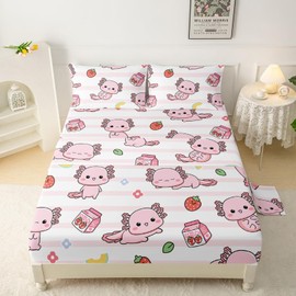QOOMO Funny Axolotl Bedding for Boys and Girls Pink Striped Silky Soft Microfiber Bed Sheets Marine Life Soft Kids Bedding Set Twin Size 1 Fitted Sheet, 1 Flat Sheet, 2 Pillow Cases
