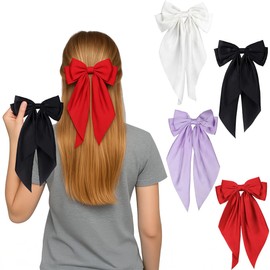 4PCS Large Satin Hair Bows Clips – Extra Large Long Tail Bow Hair Accessories for Girls & Women Oversized large girls hair bows alligator clip set cheerleading, weddings, parties, and daily wear