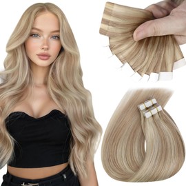Sunny Hair Tape in Hair Extensions Human Hair Invisible Tape in Hair Extensions 10Pcs Tape in Extensions Real Human Hair Straight Hair Extensions for Women 12 inch Warm Ash Blonde with Bleach Blonde
