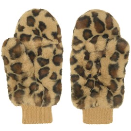 CC Soft Faux Fur Fuzzy Lined Flip Up Down Top Fingerless Mitten Gloves (Leopard Latte)