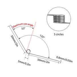 GUNGY Torsion Spring Stainless Steel Wire Diameter 0.8 mm Inner Diameter 5 mm Arm Length 50 mm 135° 5 Rounds Maximum Application Angle 53° Clockwise Size 0.8 x 5 x 50 mm